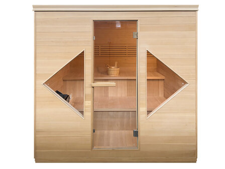 Sauna interieur &mdash; lavastenen, houten emmer en bedieningspaneel