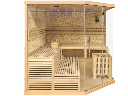 Sauna Prisma interieur &mdash; sterrenhemel sfeerverlichting en lavastenen kachel