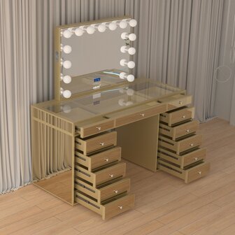 Kaptafel Bluetooth en USB &mdash; aansluitingen op gouden make-up tafel