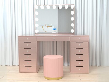 Luxe kaptafel roze 150x60cm met LED-verlichting, Bluetooth en 13 lades &mdash; inclusief spiegel en poef
