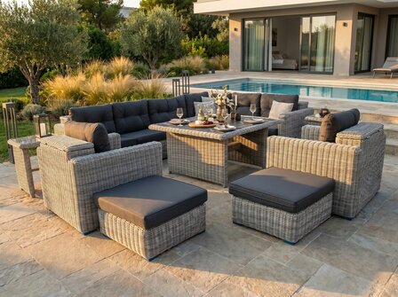 Loungeset 11-delig lichtgrijs rond wicker met donkergrijze kussens en opbergvak