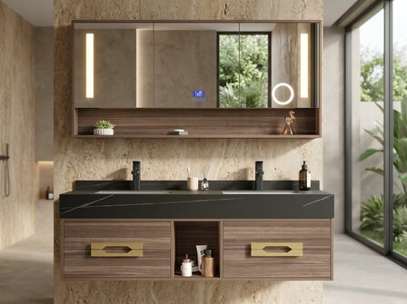 Badkamermeubel MBY 150 cm hout decor met zwarte natuurstenen wasbak &ndash; vooraanzicht