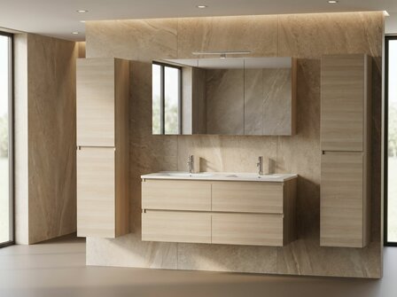 Badkamermeubel 2-persoons 120 cm licht eiken hout decor &ndash; complete set vooraanzicht