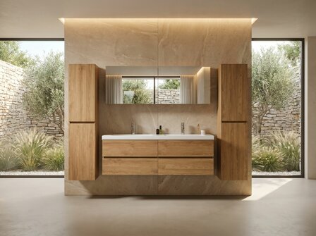 Duo-badkamermeubel Havik 145 cm licht hout decor &ndash; complete set vooraanzicht