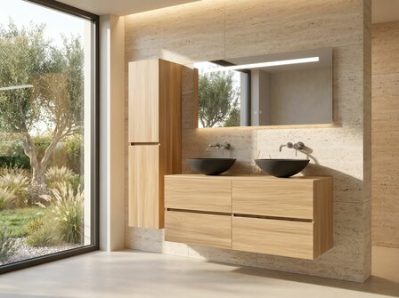 Badkamermeubel 2 Persoons 130 cm Hout Decor | Natuurstenen Waskommen | Incl. Anti-Fog LED Spiegel &amp; Kranen