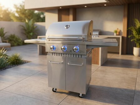 Gasbarbecue RVS 3 branders vooraanzicht &ndash; gietijzeren rooster en warmhoudrek verrijdbaar