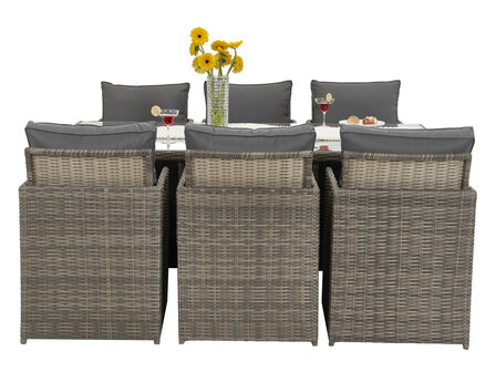 Diningset 11-delig ottomans &mdash; compact opgeslagen onder de stoelen bruin wicker