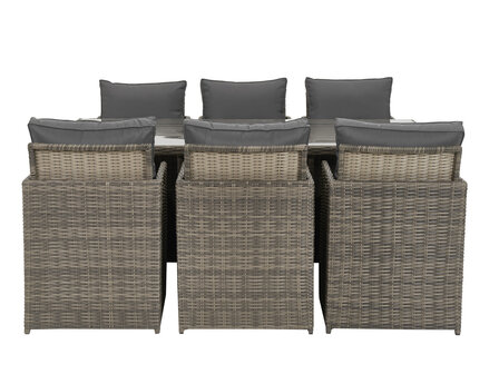 Diningset stoel detail &mdash; grijze kussens 8cm dik bruin halfrond wicker
