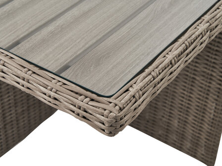 Diningset 11-delig volledig overzicht &mdash; beige wicker antraciete kussens tuin