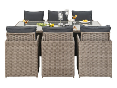 Diningset beige wicker detail &mdash; halfrond vlechtwerk en antraciete kussens aluminium frame