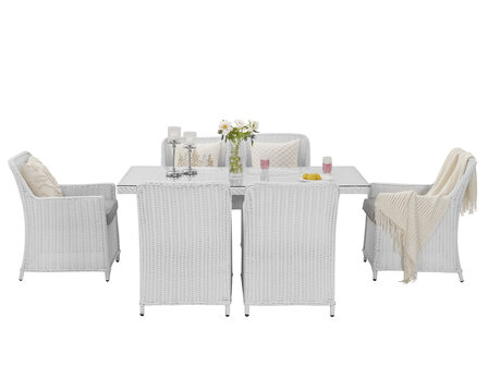 Diningset wit wicker detail &mdash; halfrond PE rotan en grijze waterafstotende kussens