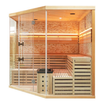 Sauna met dubbele zit- en ligbanken in L-vorm en 9 kW saunakachel
