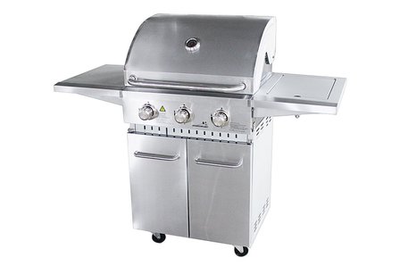 Gasbarbecue RVS 3 branders vooraanzicht &ndash; gietijzeren rooster en warmhoudrek verrijdbaar