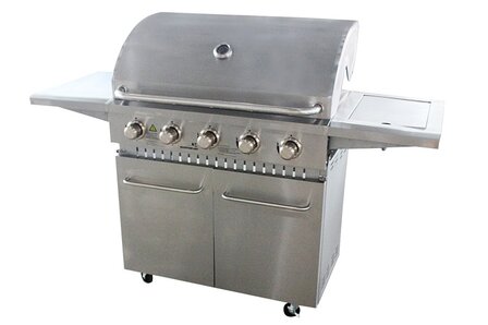 Gasbarbecue RVS 5 branders vooraanzicht &ndash; gietijzeren rooster warmhoudrek zijbrander verrijdbaar