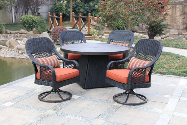 Diningset Redonda 5-delig antraciet wicker met oranje kussens &mdash; 4 draaibare stoelen en ronde tafel