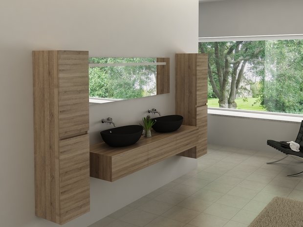 Badkamermeubel BAVENO | 180 cm | Met zijkasten | Licht hout decor met 2 zwarte waskommen