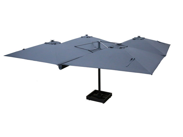 Vierdubbele zweefparasol 4x 3x3m donkergrijs vooraanzicht horeca