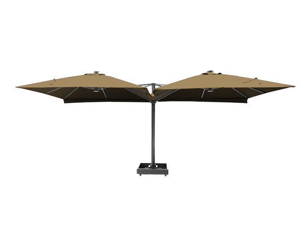 Vierdubbele zweefparasol taupe zijaanzicht met grondanker