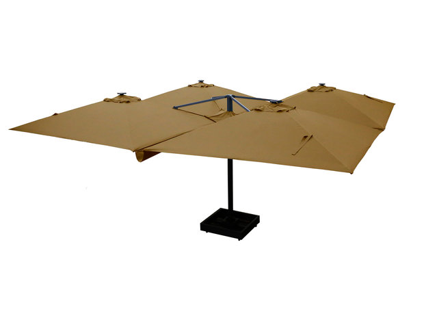 Vierdubbele zweefparasol 4x 3x3m taupe vooraanzicht horeca