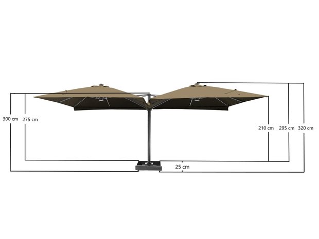 Vierdubbele zweefparasol maattekening zijaanzicht