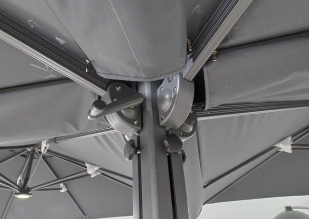 Vierdubbele zweefparasol afritbaar tussenstuk close-up