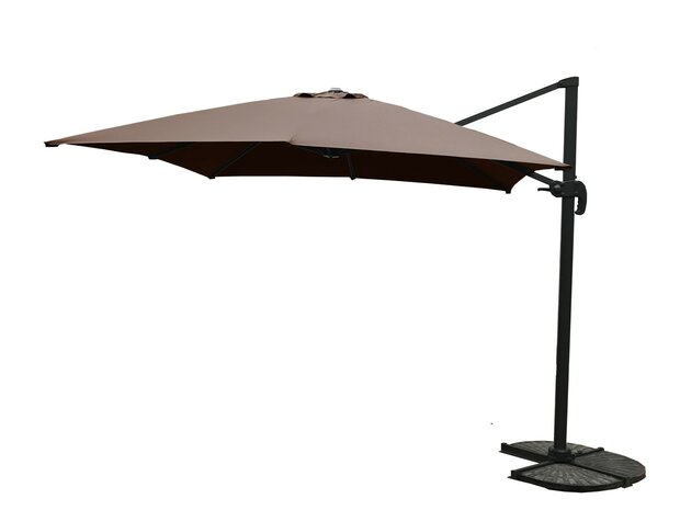 Zweefparasol 3x3 m taupe &ndash; vooraanzicht zweefarm aluminium frame met voet