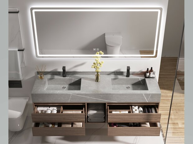 MBY 120 cm hout grijs &ndash; detail greeploze lades en mat zwarte kranen