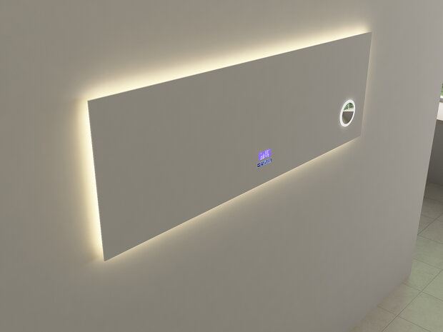 Badkamerspiegel 150cm detail &mdash; touch display met klok, temperatuur en dimbaar LED