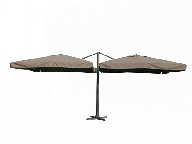 Dubbele zweefparasol 2x 3x3 m taupe &ndash; vooraanzicht zweefarm aluminium frame met voet