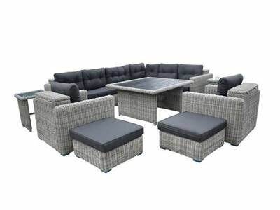 Loungeset 11-delig lichtgrijs rond wicker met donkergrijze kussens en opbergvak