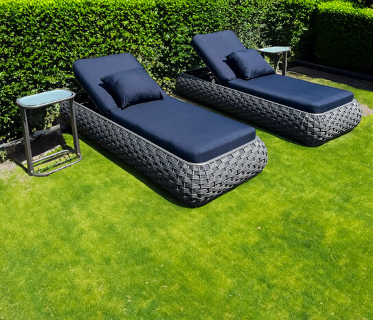 Ligbeddenset 2-delig antraciet wicker lichtgrijs tuin opstelling