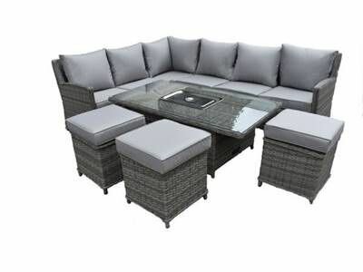 Loungeset 6-delig donkergrijs wicker met lichtgrijze kussens en verstelbare tafel