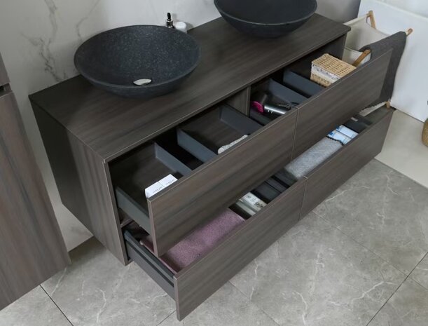 Badkamermeubel 2 Persoons 130 cm Donker Hout | Zwarte Stenen Waskommen | Incl. LED Spiegel & Kranen