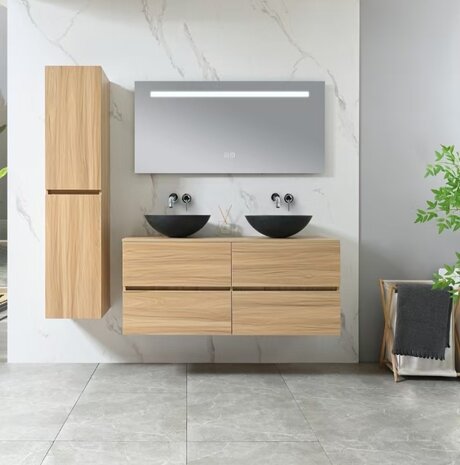 Badkamermeubel 2 Persoons 130 cm Hout Decor | Natuurstenen Waskommen | Incl. Anti-Fog LED Spiegel & Kranen