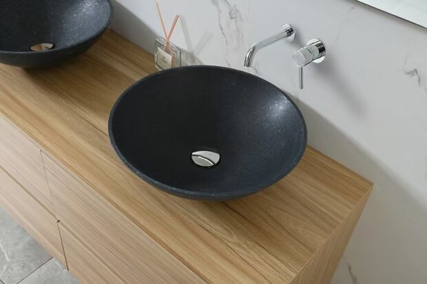 Badkamermeubel 2 Persoons 130 cm Hout Decor | Natuurstenen Waskommen | Incl. Anti-Fog LED Spiegel & Kranen