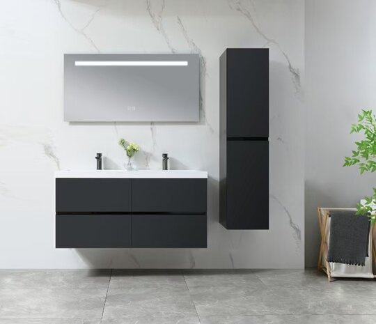 Badkamermeubel 2 Persoons 120 cm Hoogglans Zwart | Kunstmarmeren Wastafel | Incl. Anti-Fog LED Spiegel & Kranen