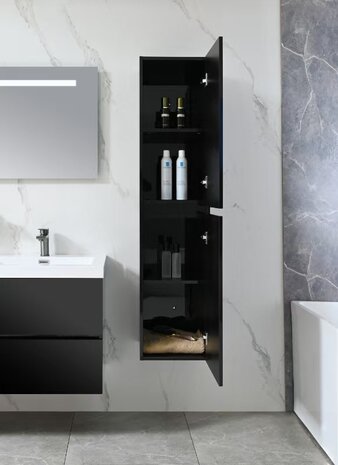 Badkamermeubel 2 Persoons 120 cm Hoogglans Zwart | Kunstmarmeren Wastafel | Incl. Anti-Fog LED Spiegel & Kranen