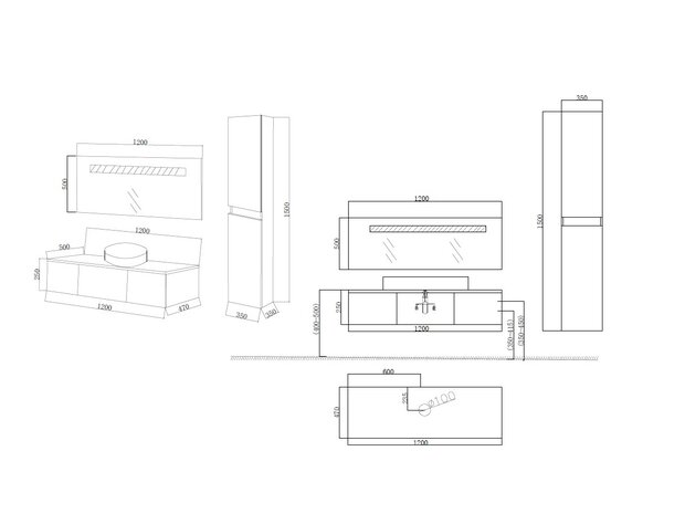 Maattekening badkamermeubel BAVENO 120 cm met zijkast en spiegel