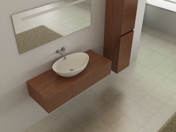 Witte keramische wasbak &ndash; detail warm walnoot badkamermeubel