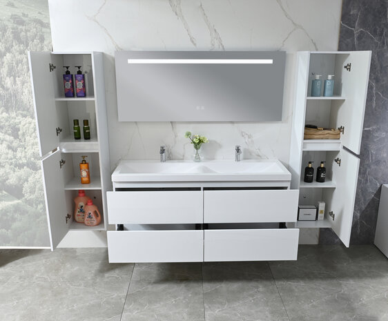 Badkamermeubel 2-persoons 145 cm hoogglans wit met witte wastafel &ndash; vooraanzicht
