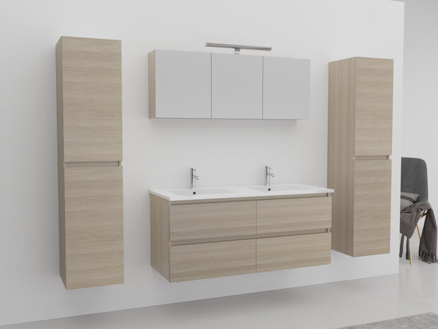 Badkamermeubel 2-persoons 120 cm licht eiken hout decor &ndash; complete set vooraanzicht