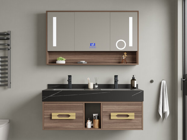 Badkamermeubel MBY 120 cm hout decor met zwarte natuurstenen wasbak &ndash; vooraanzicht