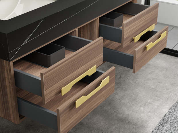 MBY badkamermeubel hout &ndash; open lades goudkleurige handgrepen detail