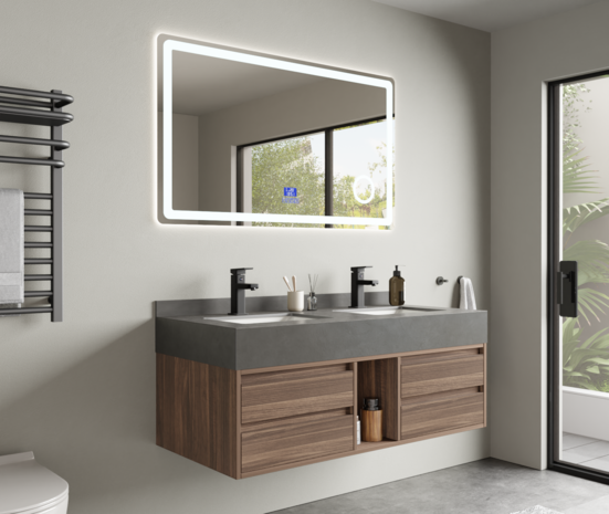 Badkamermeubel MBY 120 cm hout decor met grijze natuurstenen wasbak &ndash; vooraanzicht
