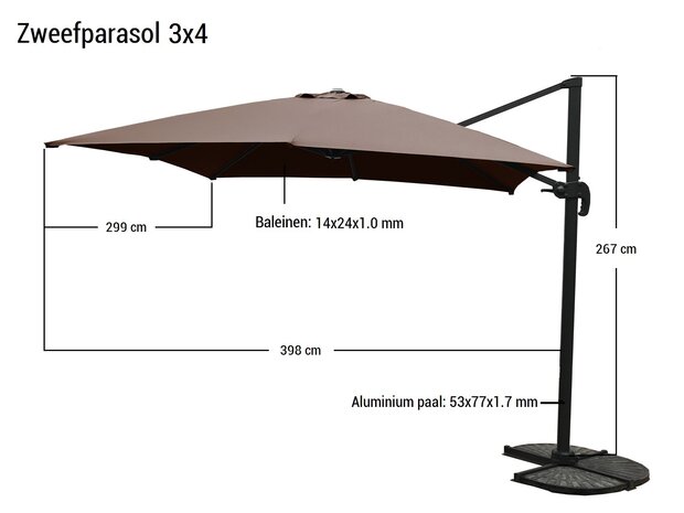 Zweefparasol 3x4 m donkergrijs &ndash; maattekening rechthoekig formaat overzicht