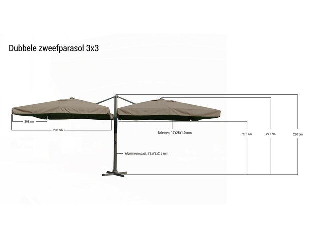 Dubbele zweefparasol 2x 3x3 m taupe &ndash; maattekening 300x300 cm formaat overzicht