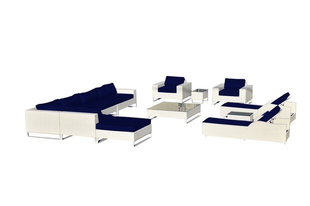 Loungeset 13-delig wit wicker met donkerblauwe kussens &mdash; complete opstelling met love daybeds