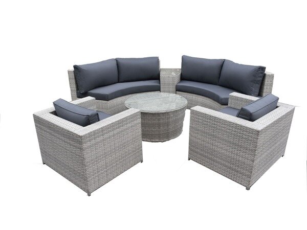 Loungeset 6-delig lichtgrijs wicker met donkergrijze kussens &mdash; complete opstelling