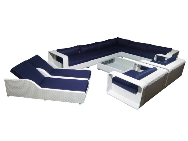 Loungeset 11-delig wit wicker met donkerblauwe kussens en 2 daybeds &mdash; complete opstelling