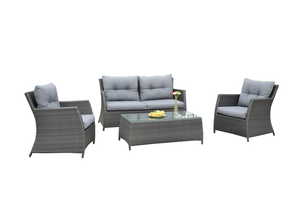 Loungeset antraciet wicker detail &mdash; tweezitsbank en stoelen met grijze kussens